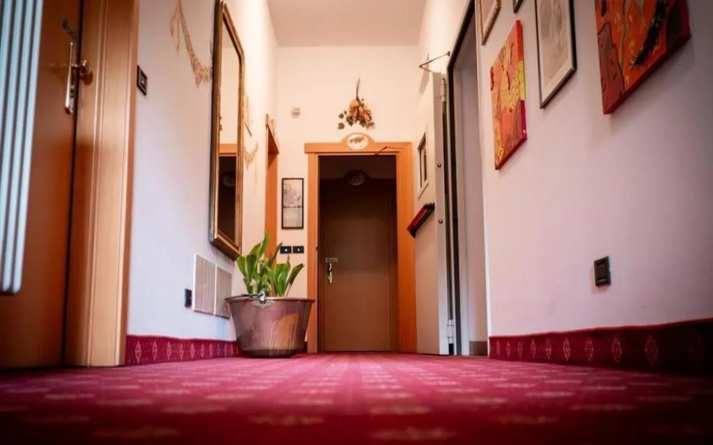 Corridoio interno dell'hotel con moquette rossa, quadri e pianta